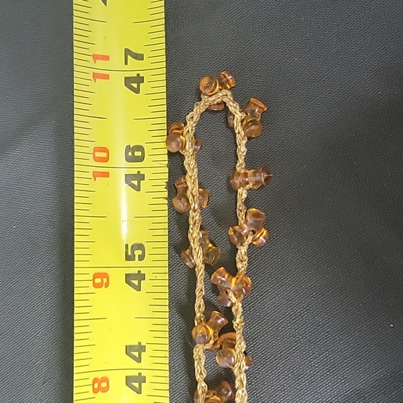 Beaded Sweater Necklace. Amber Plastic Beads. Delicate Gold Metallic Threads 47" - Picture 7 of 8
